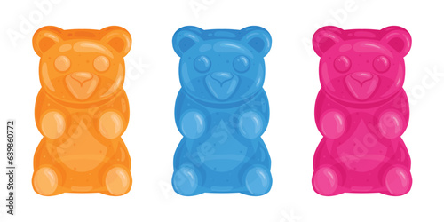 Gummy bears. Cartoon jelly candy, fruity chewy multi colored sweets in shape of bear flat vector illustration set. Cute gummy bears collection