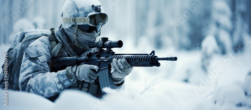 Arctic warfare operation in cold conditions with a soldier in winter camouflaged uniform using selective focus on a snow-covered forest battlefield with a rifle.
