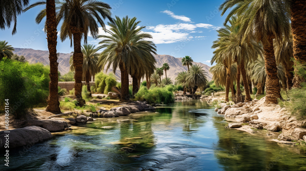 Prophet's Oasis: Palms swaying in reverence at a desert spring. Prophet's Oasis: Palms swaying in reverence at a desert spring.