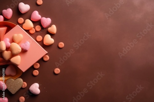 colorful chocolate Heartfelt Accents on a Rich Brown Background, A February 14th Celebration