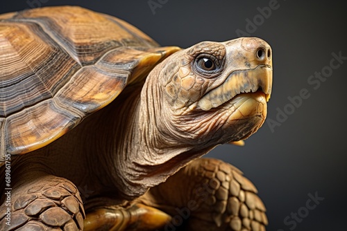 A wise old tortoise, its wrinkled skin telling tales of time, captured in a studio portrait, its ancient eyes glistening against a bright solid background.