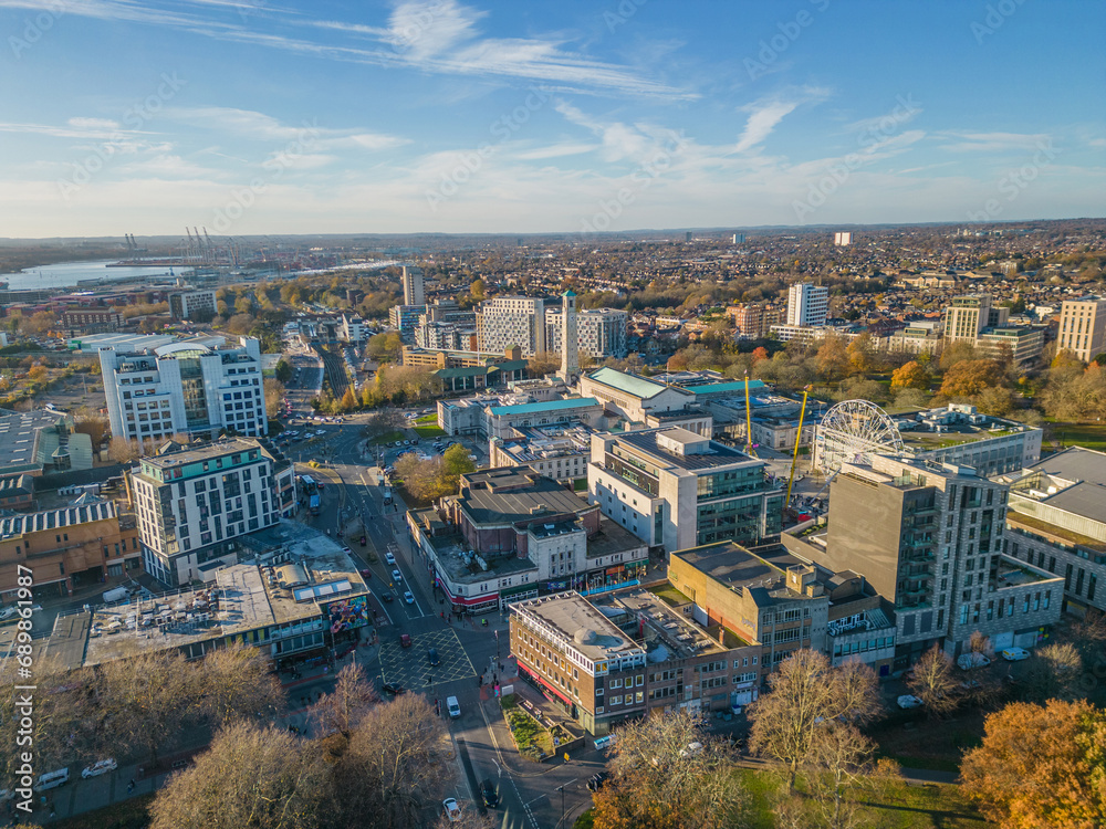 Southampton city center with Sea museum aerial view in autumn towards Southampton Docks