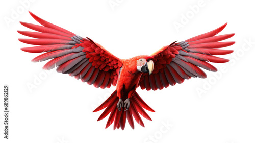 Scarlet macaw parrot flying isolated on transparent background.