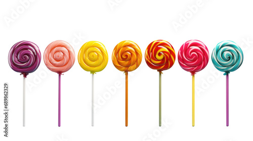 Set of realistic spiral striped colorful lollipops on plastic sticks isolated on transparent background