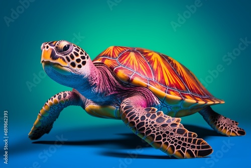 A gentle sea turtle, its shell intricately patterned, posing serenely in a studio setting, isolated on a radiant solid color background.