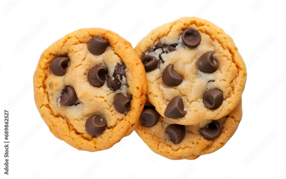 chocolate chips cookies, top view, white and transparent background
