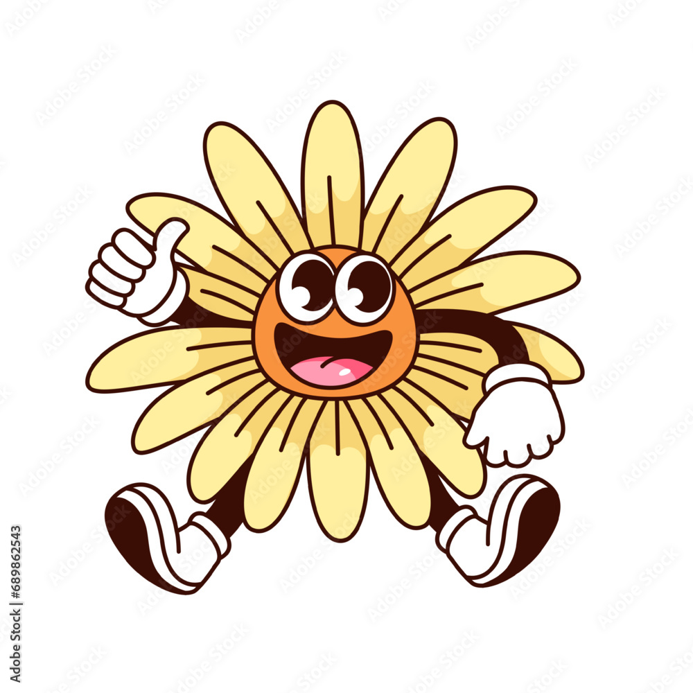 Groovy flower character vector illustration. Cartoon isolated retro cute sticker of summer sunflower with positive gesture thumbs up, happy daisy flower with surprise happy expression on floral face