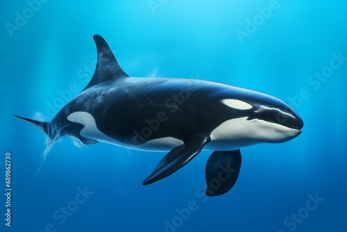 A majestic orca  its powerful dorsal fin breaking the surface  posing serenely in a studio setting  isolated on a vibrant solid background  symbolizing strength and freedom.