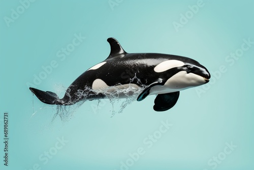 A majestic orca, its powerful dorsal fin breaking the surface, posing serenely in a studio setting, isolated on a vibrant solid background, symbolizing strength and freedom.