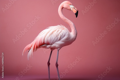 A graceful flamingo  standing on one leg  posing elegantly in a studio setting  isolated on a brilliant solid backdrop  symbolizing elegance and poise.