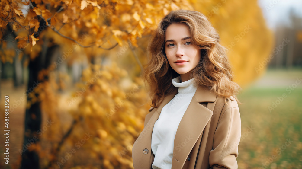 Beautiful woman walks in the autumn park. Scenic autumn landscape, fall foliage. Outdoor activities. Autumn walk in nature. Enjoy the weather and fresh air. Travel and exploration. Generated AI
