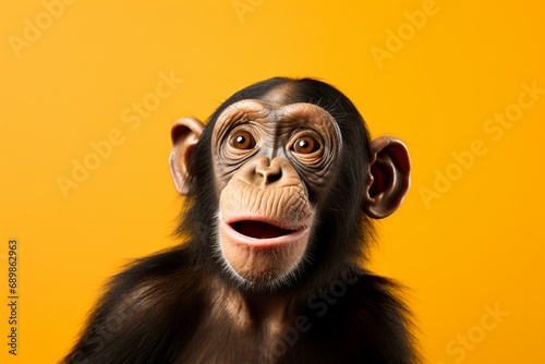 A playful chimpanzee, wearing a mischievous expression, photographed in a studio, isolated on a radiant solid color background. © Creative artist1