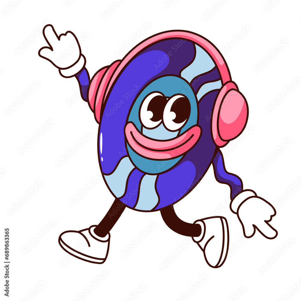 Groovy vinyl disk character vector illustration. Cartoon isolated retro sticker of happy vinyl record in headphones to listen to music and dance, turntable LP plate mascot with comic face and smile Groovy vinyl disk character vector illustration. Cartoon isolated retro sticker of happy vinyl record in headphones to listen to music and dance, turntable LP plate mascot with comic face and smile
