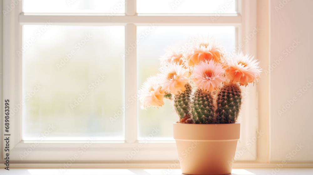 Cactus in blossom, interior photo in front of window Cactus in blossom, interior photo in front of window