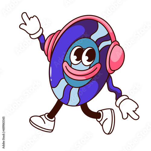 Groovy vinyl disk character vector illustration. Cartoon isolated retro sticker of happy vinyl record in headphones to listen to music and dance, turntable LP plate mascot with comic face and smile