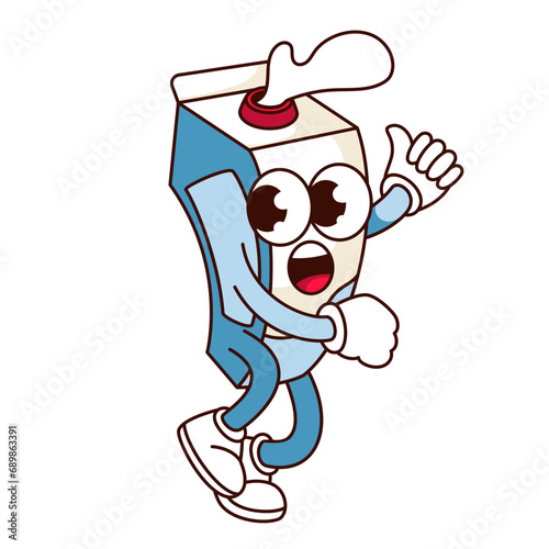 Groovy milk package character vector illustration. Cartoon isolated retro food sticker of frightened carton box running with surprise expression and splash of fresh milk, cardboard container mascot