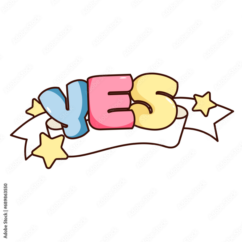 Groovy sticker of Yes text vector illustration. Cartoon isolated funny retro typography badge with Yes word of bubble font on white ribbon with yellow stars, message of positive answer to choice Groovy sticker of Yes text vector illustration. Cartoon isolated funny retro typography badge with Yes word of bubble font on white ribbon with yellow stars, message of positive answer to choice