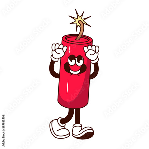 Groovy firecracker character vector illustration. Cartoon isolated retro comic sticker of red dynamite stick of firecracker with lit fuse, explosive petard with funny pose and expression on face