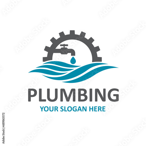 plumbing service icon with gear and water faucet isolated on white background