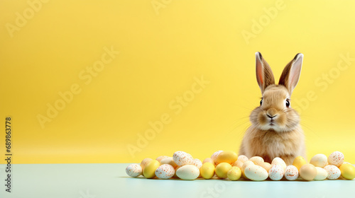 Rabbit with Easter eggs on a table