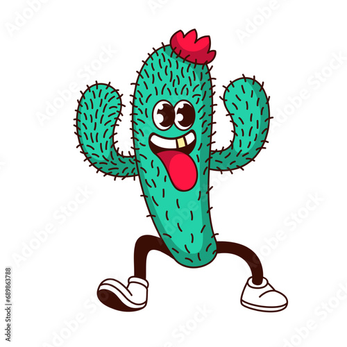 Groovy cactus character vector illustration. Cartoon isolated retro comic sticker of desert succulent plant with red flower and thorns, psychedelic face of cute cheerful cactus mascot with tongue