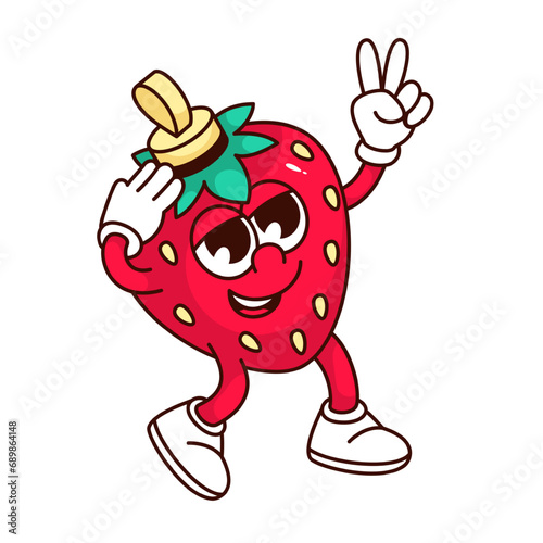 Groovy Christmas Tree toy character vector illustration. Cartoon isolated retro Xmas decoration sticker of red strawberry with cute face, arms and legs, Christmas bauble mascot with victory gesture