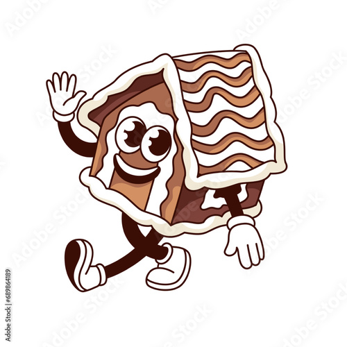 Groovy Gingerbread house character vector illustration. Cartoon isolated retro Xmas sweet food sticker of ginger house cake with candy and icing decoration, happy Christmas mascot walking and waving