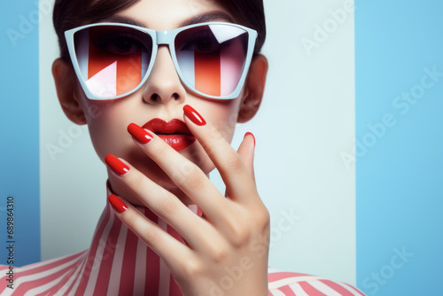 Portrait closeup of a pretty young woman in stylish sunglasses with red lipstick and nails next to a striped background. Fashion and beauty concept. AI Generated