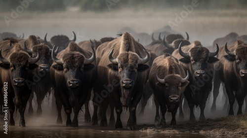 European bison (Bison bonasus) herd in misty morning. Wilderness. Wildlife Concept. photo