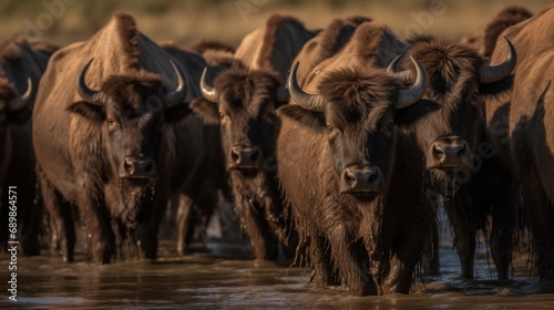 Buffalo herd at waterhole. Wilderness. Wildlife Concept.