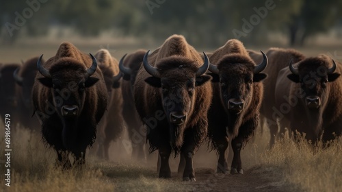 Bison herd in the meadow at sunset. Wildlife scene. Wilderness. Wildlife Concept.