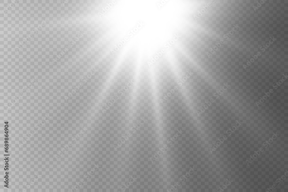 Glow light effect, bright sun. Vector transparent sunlight, special flare effect. Rays of the sun or spotlight. Bright flash. On a transparent background. - obrazy, fototapety, plakaty 