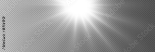 Glow light effect, bright sun. Vector transparent sunlight, special flare effect. Rays of the sun or spotlight. Bright flash. On a transparent background.