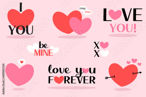 Modern and trendy Valentine’s day element collection. Typography elements. Hearts with quotes in cartoon style. Vector illustration element set.