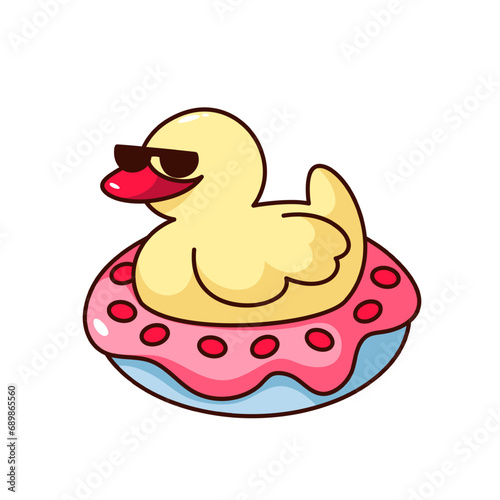 Groovy rubber duck character with sunglasses vector illustration. Cartoon isolated retro comic sticker of yellow plastic bath duck toy floating on inflatable ring, cute funny bathroom mascot
