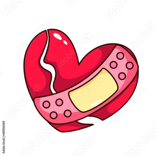 Groovy broken heart with crack and adhesive bandage vector illustration. Cartoon isolated retro Valentines Day and love sticker, recovery of red heart wound with band aid, relationship mascot