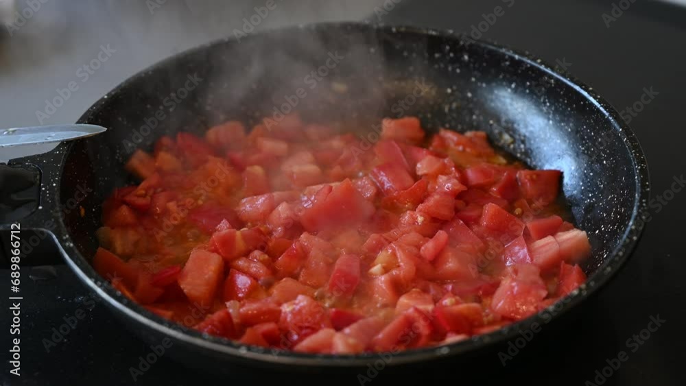 Cooking tomato sauce. Stewing sliced tomatoes on a pan Cooking tomato sauce. Stewing sliced tomatoes on a pan