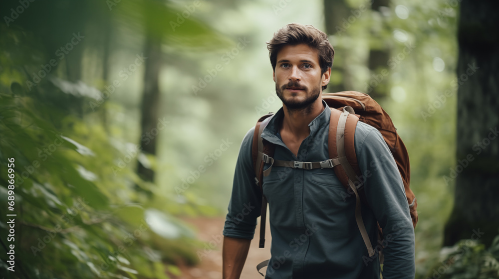 A male traveler walks through the woods. Beautiful wild nature landscape in forest. Hiking journey on tourist trail. Outdoor adventure. Travel and exploration. Healthy lifestyle. Generated AI