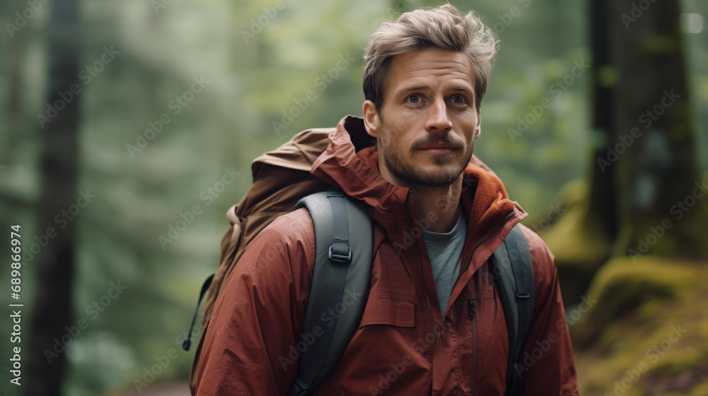 A male traveler walks through the woods. Beautiful wild nature landscape in forest. Hiking journey on tourist trail. Outdoor adventure. Travel and exploration. Healthy lifestyle. Generated AI A male traveler walks through the woods. Beautiful wild nature landscape in forest. Hiking journey on tourist trail. Outdoor adventure. Travel and exploration. Healthy lifestyle. Generated AI