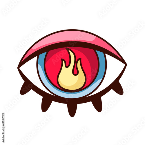 Groovy psychedelic eye with fire vector illustration. Cartoon isolated retro hippie sticker of trippy crazy eye with weird flame inside red pupil and eyelashes, hypnotic look of love and passion