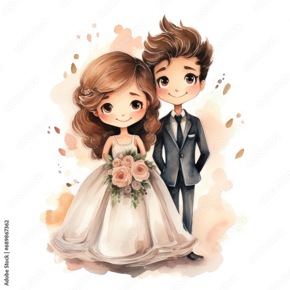 Cute cartoon bride and groom in wedding dress with bouquet on watercolor background. Watercolor illustration Cute cartoon bride and groom in wedding dress with bouquet on watercolor background. Watercolor illustration