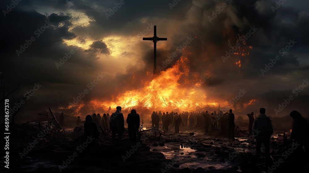 Obraz na płótnie tłum ludzi przed palącym się ogromnym krzyżem z wielkimi płomieniami na stosie w salonie
