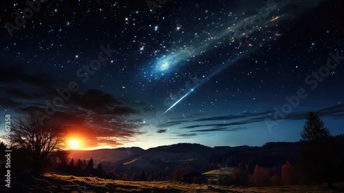 Obraz widok nieba i kosmosu, planet i księżyca i gwiazd, rozbłyski słońca, kosmos
