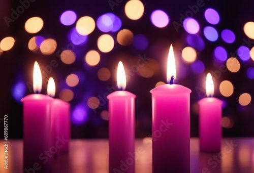 Advent Candles In Church - Three Purple And One Pink As A Catholic Symbol And Bokeh Lights