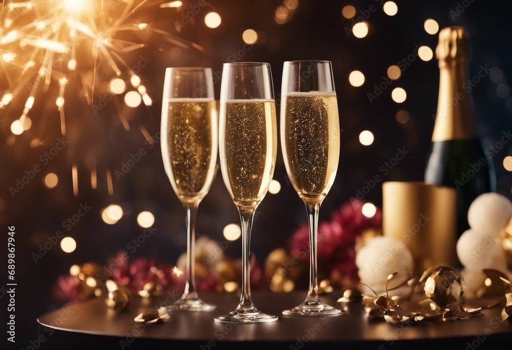Congratulation With Champagne - Toast With Flutes And Fireworks