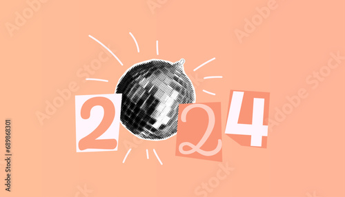 2024 art collage numbers with halftone disco ball isolated on Peach Fuzz trendy background. Color of the year 2024. Modern retro banner, poster template with copy space for text. Vector illustration