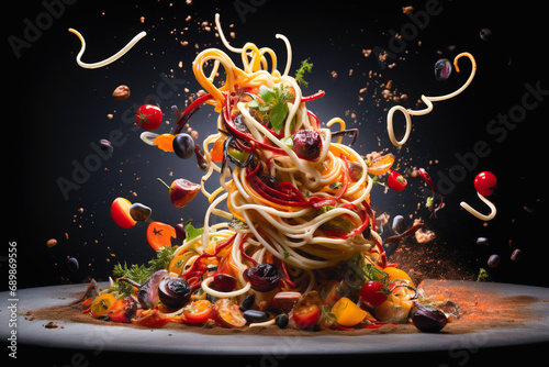 Flying towering pile of spaghetti with tomatoes and pieces of cheese flying around.