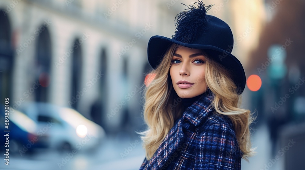 Beautiful fashion female model wearing elegant woolen hat and plaid navy trench coat outdoor on autumn winter urban street, stylish woman in city concept with copy space. Beautiful fashion female model wearing elegant woolen hat and plaid navy trench coat outdoor on autumn winter urban street, stylish woman in city concept with copy space.