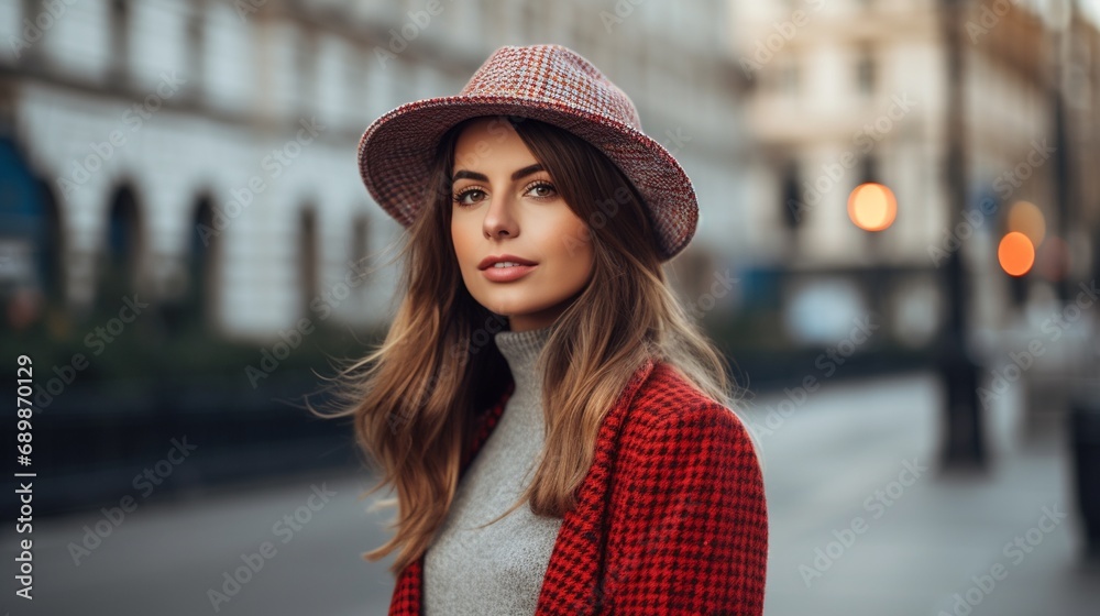 Outdoor autumn portrait of young elegant fashionable woman wearing trendy woolen hat, red plaid color coat, turtleneck sweater, walking in street of European city. Copy space. Outdoor autumn portrait of young elegant fashionable woman wearing trendy woolen hat, red plaid color coat, turtleneck sweater, walking in street of European city. Copy space.
