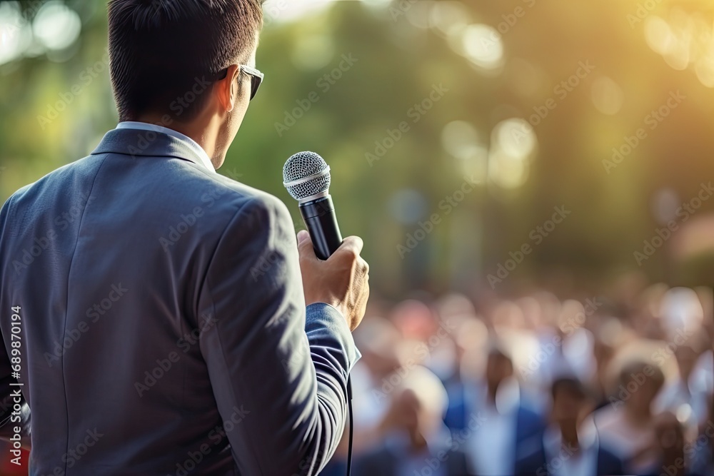 man with microphone. politician making speech - obrazy, fototapety, plakaty 